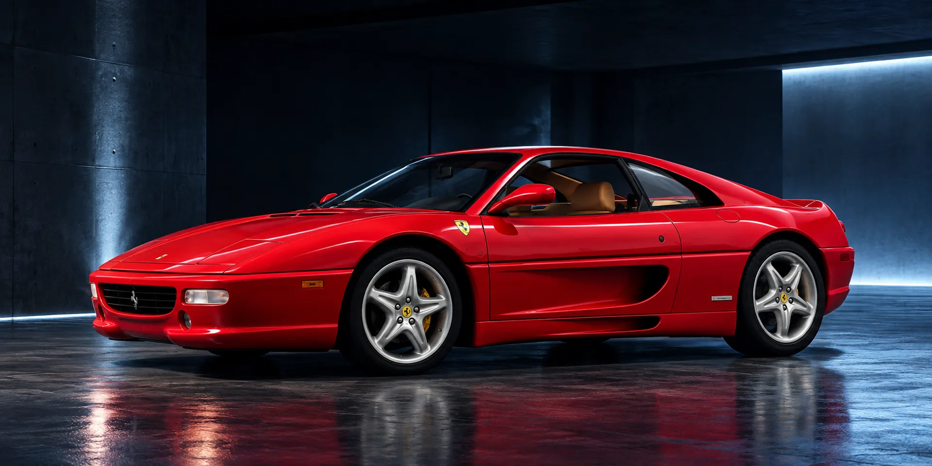 Red Ferrari F355 Berlinetta, front three-quarter view, in a dark concrete garage