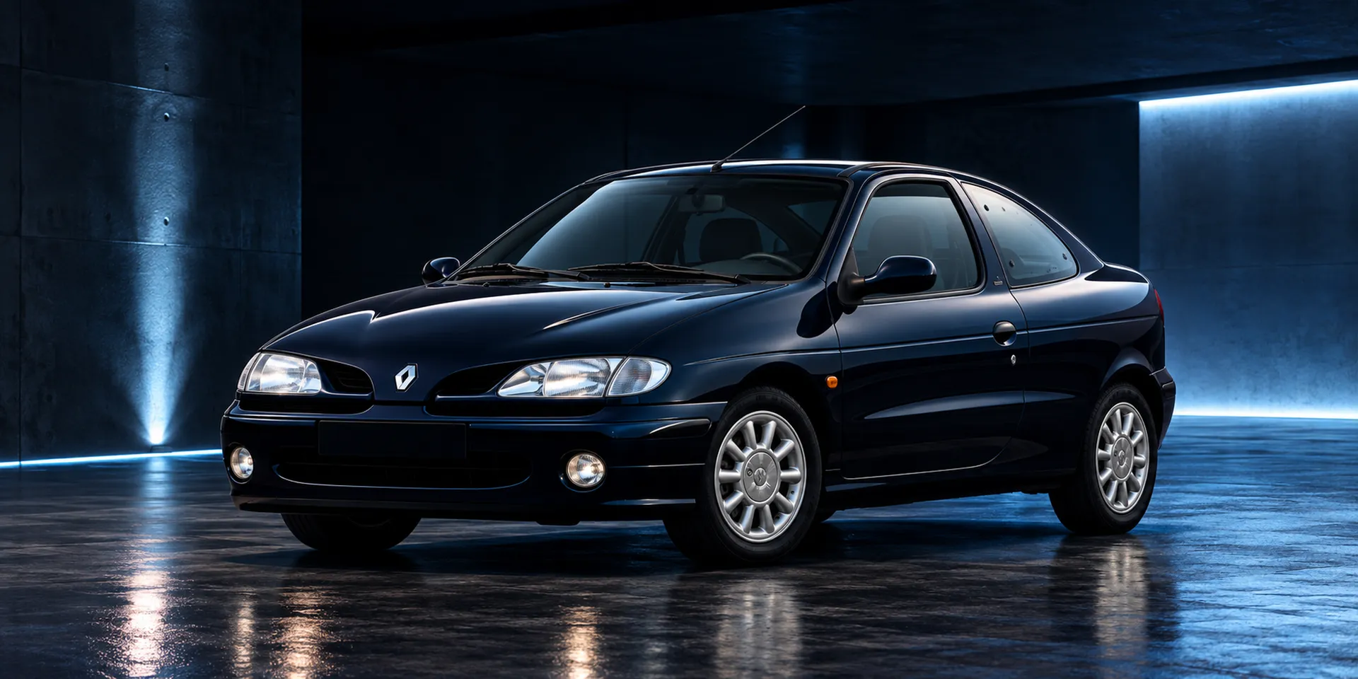Dark blue Renault Mégane Coupé, front three-quarter view, in a dark concrete garage